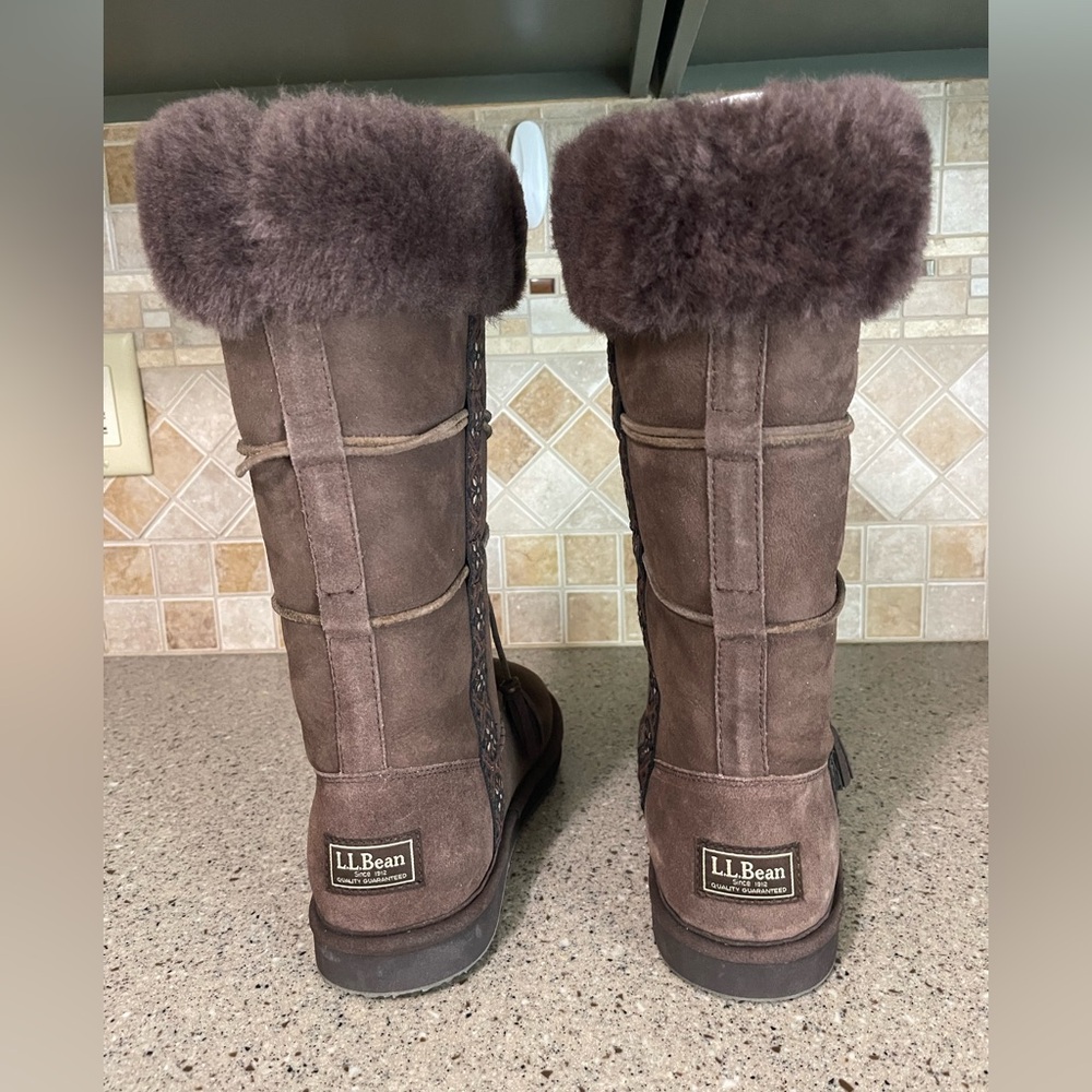 LL Bean Women’s Aztec Indian Shearling Sheepskin Tall Chocolate Brown Boot Sz 8 - Picture 7 of 10
